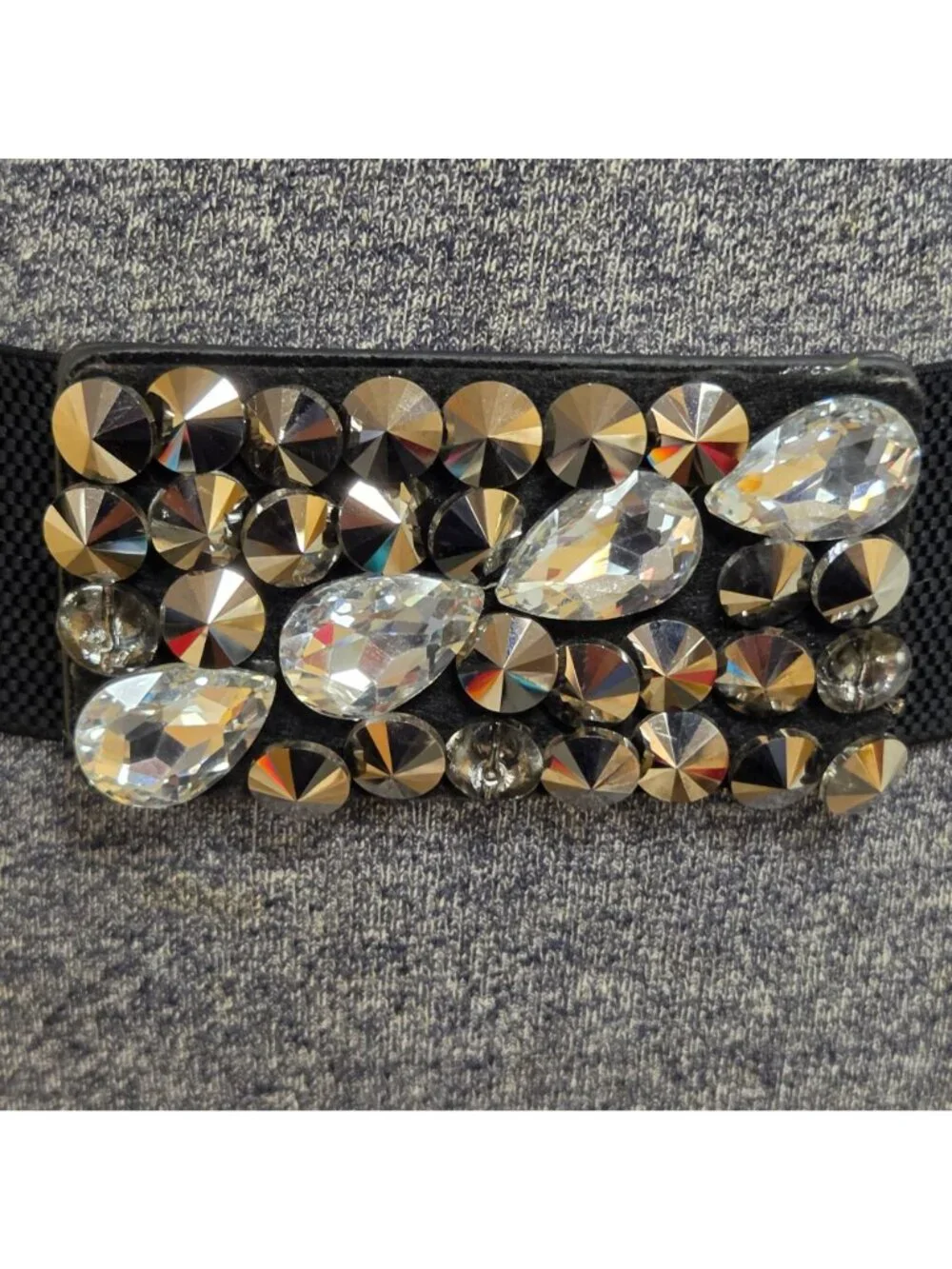 Black Womens Waist Belt Black Elastic Clear Gray Rhinestone Buckle Vintage